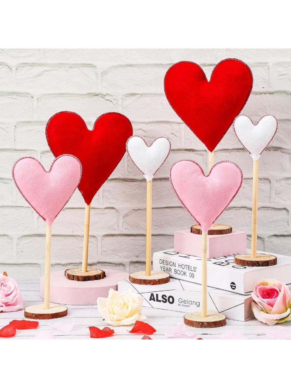 Valentine's Day Heart Centerpiece Decor - 6 Pcs Tall Wood Signs & Felt Ornaments
